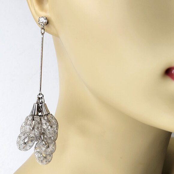 Silver Mesh Net Crystal Dangle Earrings - Picture 2 of 9
